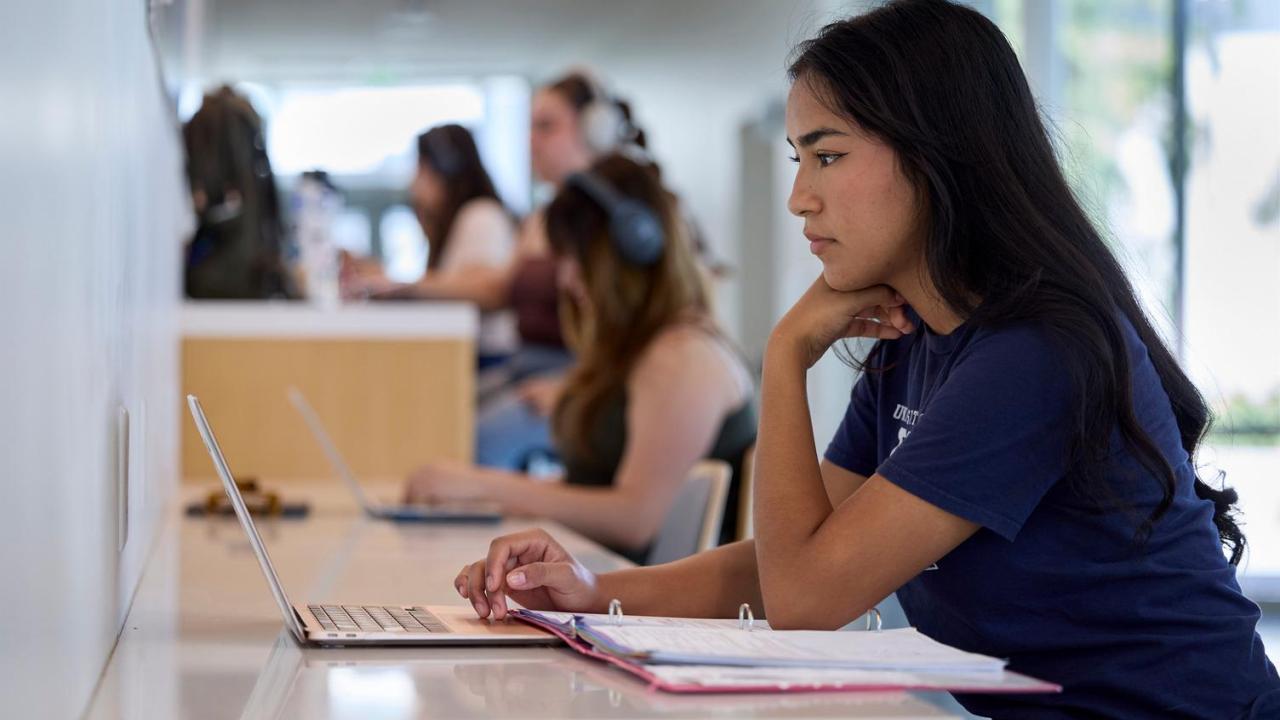 A student sits at a desk and works on a laptop with an open binder in front of them in a study space with other students in the background.